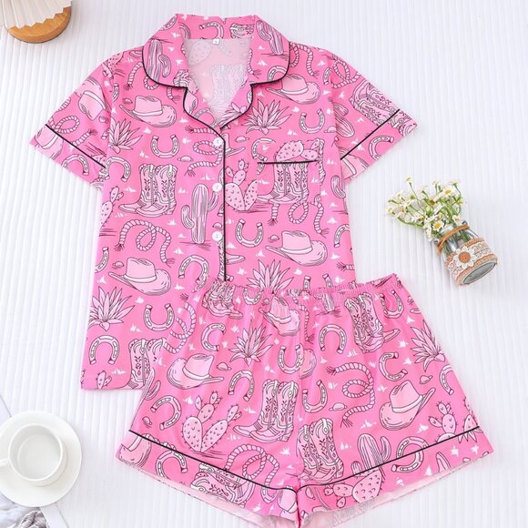 Pink 2 piece CACTUS & BOOTS COWGIRL PAJAMA SET - Picture 1 of 1